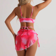 3pcs Tie Dye Print Bikini With Short Skirt Summer Beach Sexy Swimwear Womens Clothing