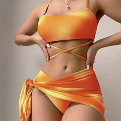 3pcs Tie Dye Print Bikini With Short Skirt Summer Beach Sexy Swimwear Womens Clothing