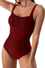 Sexy Square Neck One-piece Bikini Summer New Solid Color Pleated Design Swimsuit Beach Vacation Womens Clothing