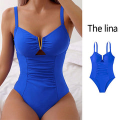 New V-neck Hollow One-piece Bikini Beach Fashion Pleated Belly Slimming Swimsuit Summer Womens Clothing