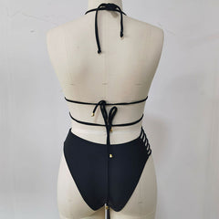 Two-piece Halter Neck Bikini Leopard Print Cutout Strap Swimsuit Set Summer Beach Womens Clothing