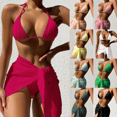 3pcs Halterneck Swimsuit Set Beach Solid Color Sexy Backless Bikini With Mesh Skirt Summer Womens Clothing