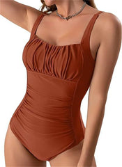 Sexy Square Neck One-piece Bikini Summer New Solid Color Pleated Design Swimsuit Beach Vacation Womens Clothing