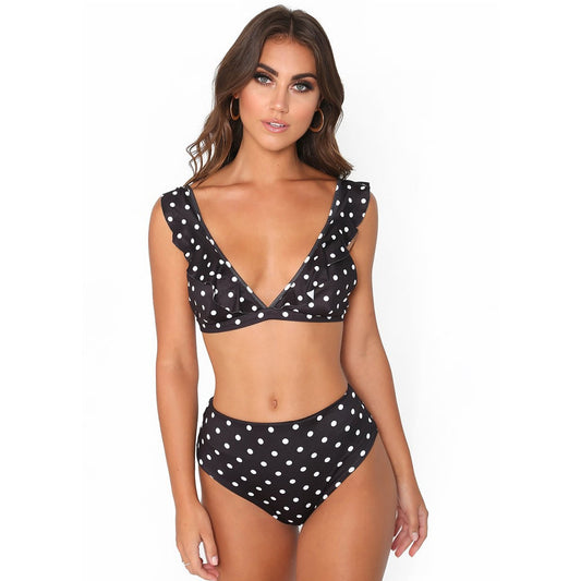 2pcs Black And White Polka Dot Print Swimsuit Sexy Ruffled Deep V-neck Bikini Set Summer Beach Womens Clothing