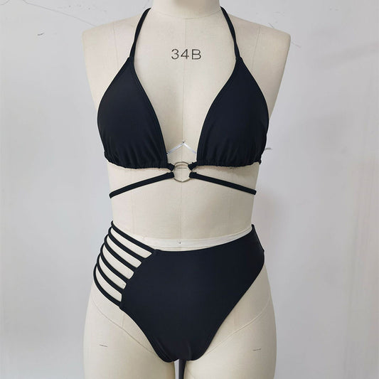 Two-piece Halter Neck Bikini Leopard Print Cutout Strap Swimsuit Set Summer Beach Womens Clothing